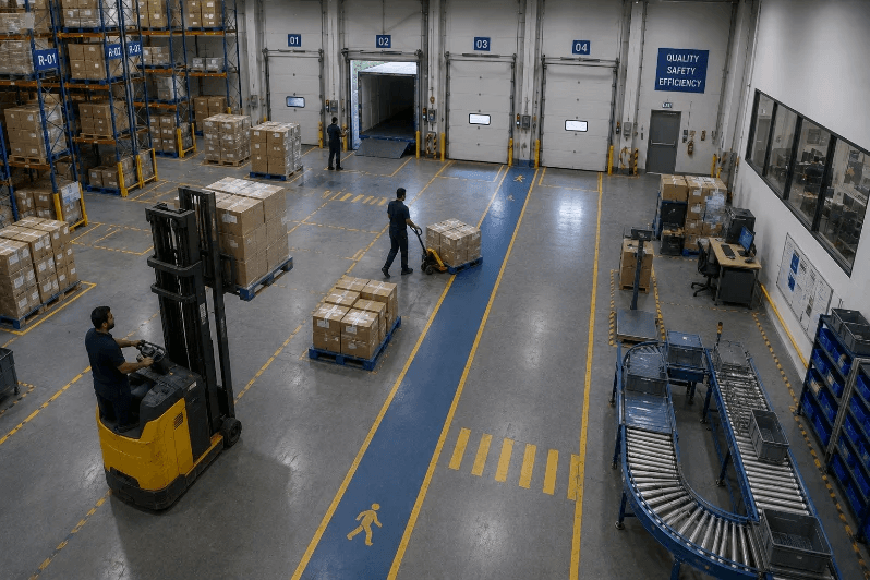 Forklift and pedestrian lanes in a warehouse