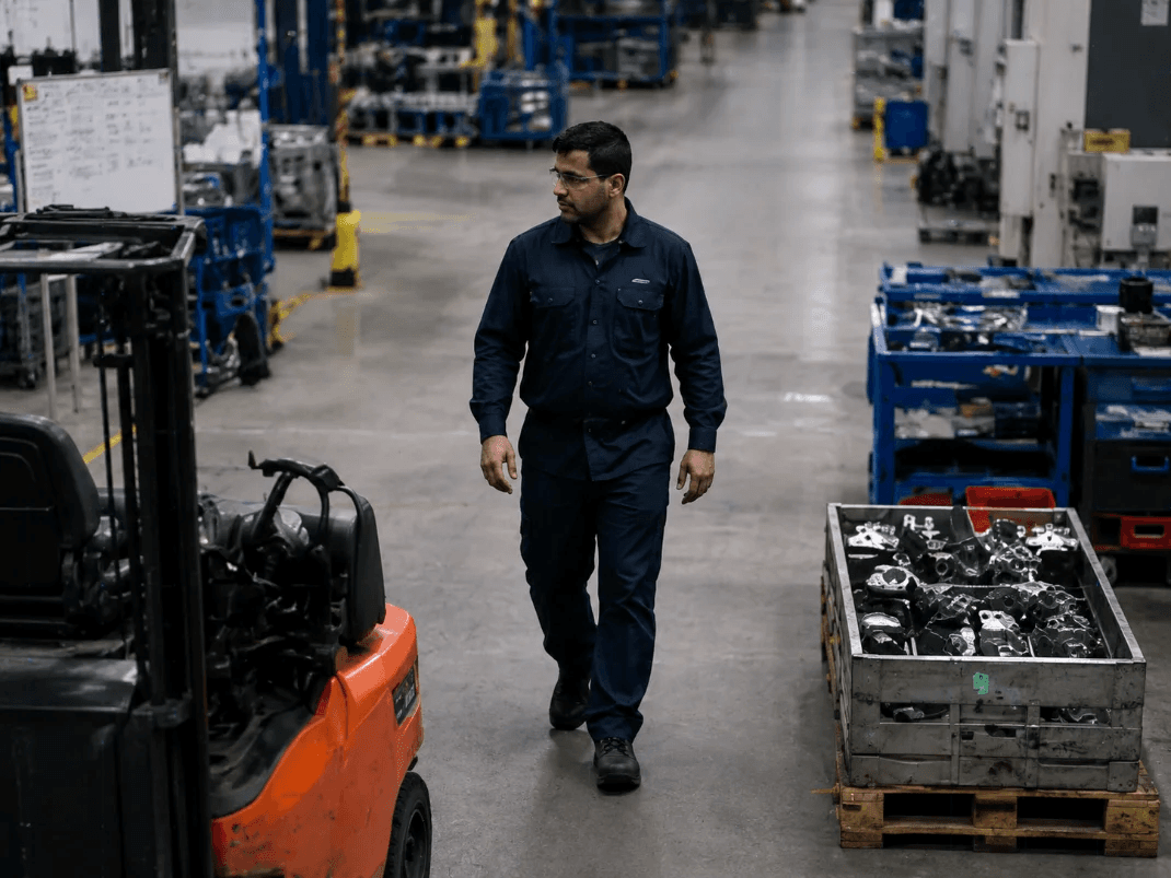 Worker walking through plant aisle